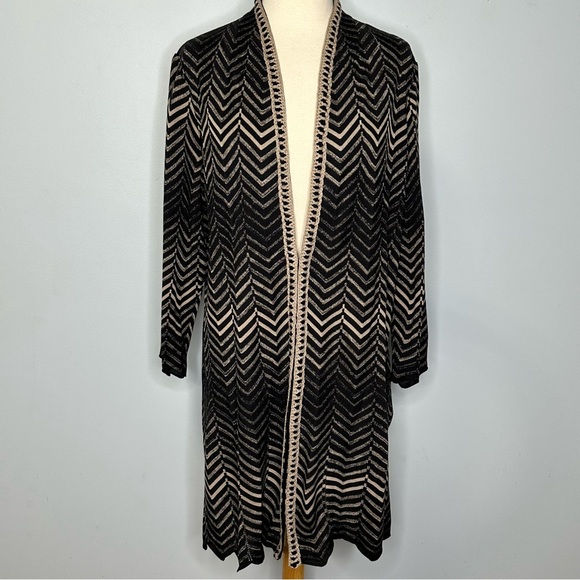 Misook Black Braided Trim Chevron Zig Zag Knit Long Cardigan Sweater Size L - Picture 1 of 12